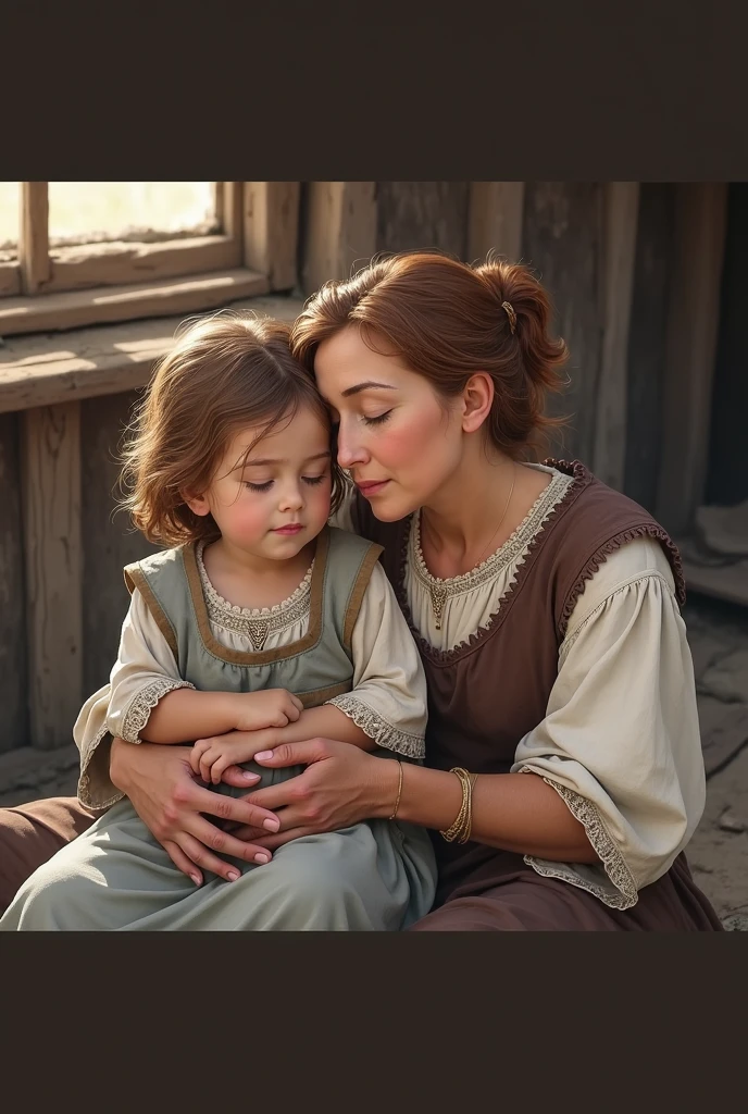  girl in peasant dress on the lap of her peasant mother