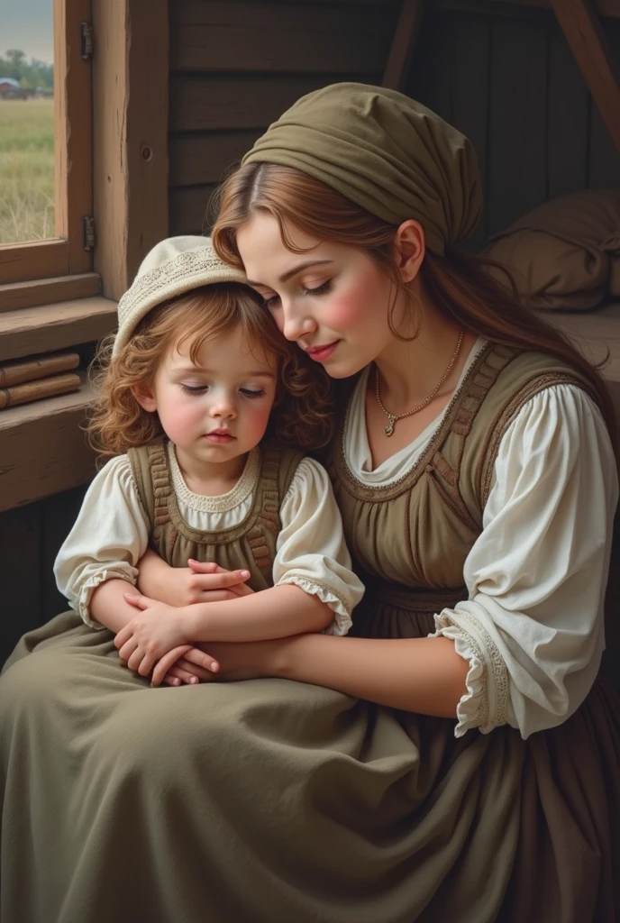  girl in peasant dress on the lap of her peasant mother