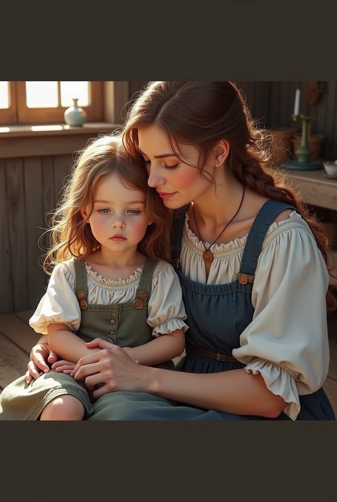 girl in peasant dress on the lap of her peasant mother