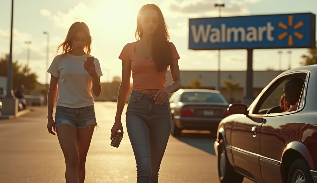 a (((beautiful very short 14yo teenage daughter in skimpy school-appropriate shirt and skirt))) with her (((tall statuesque beautiful 44yo milf mother in accidentally-too-revealing tee and high-waist jeans))) leaving a walmart store, walking through the parking lot, ((mother is far ahead of the daughter)), (daughter is looking at her cell phone), (mother is looking at something in the distance), (((daughter has medium breasts easily noticeable due to her extremely tight top))), (((mother has enormous breasts threatening to reveal themselves in her very low cut top))), ((viewer watching them from the driver's seat of a car trying to park)),detailed facial features,beautiful detailed eyes,beautiful skin,exquisite clothing,natural poses,warm lighting,photorealistic,8k,highly detailed,cinematic composition,masterpiece, noticeable age difference, store sign visible, captured from a distance, zoomed out shot