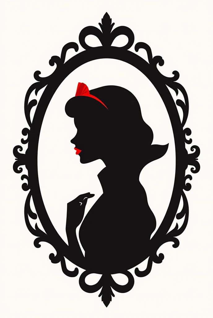 Create a beauty salon logo, with an oval mirror and the edges decorated in a heart shape, Inside the silhouette of Snow White with her red lips. It will be called MIRROR MIRROR/ BEAUTY SALON