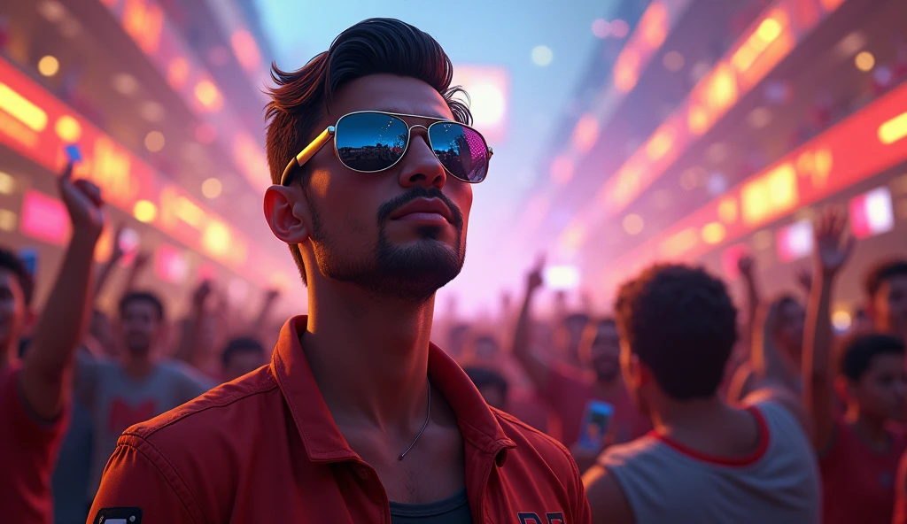 Scene 34:
Alok Free Fire and his team are hailed as heroes. His sunglasses reflect the bright lights of celebration, but his focus remains on the next challenge