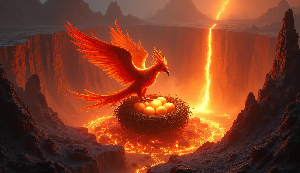 A breathtaking scene of a Phoenix nest perched within the heart of a massive, active volcano. The Phoenix is seen tending to its glowing, ember-like eggs, surrounded by a swirling aura of fire and heat. The volcano’s interior is a mix of flowing lava, sharp obsidian rocks, and pillars of smoke rising towards the crater’s opening. The Phoenix itself glows with an inner fire, its feathers shimmering in shades of red, orange, and gold. The atmosphere is intense, with the heat and light of the volcano creating a dramatic and otherworldly environment.
