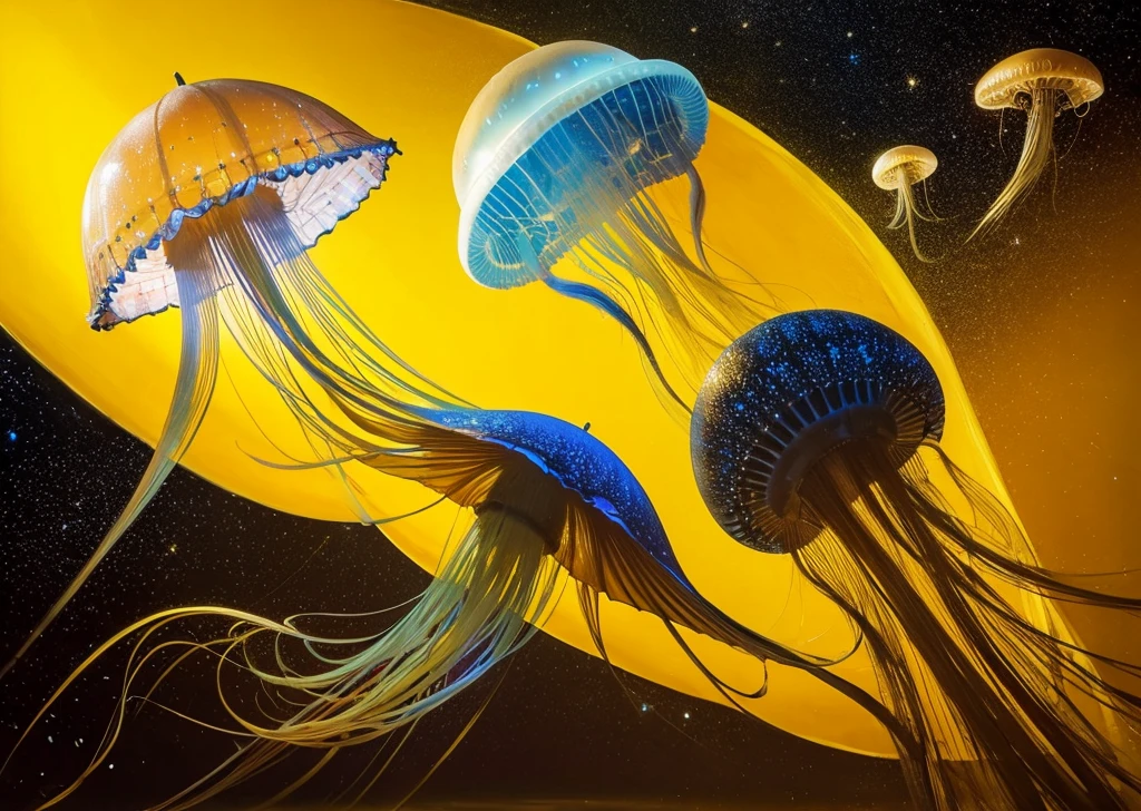 wing,very large,one jellyfish,old painting,yellow background,Rantan,space,midlle ages,atomic
