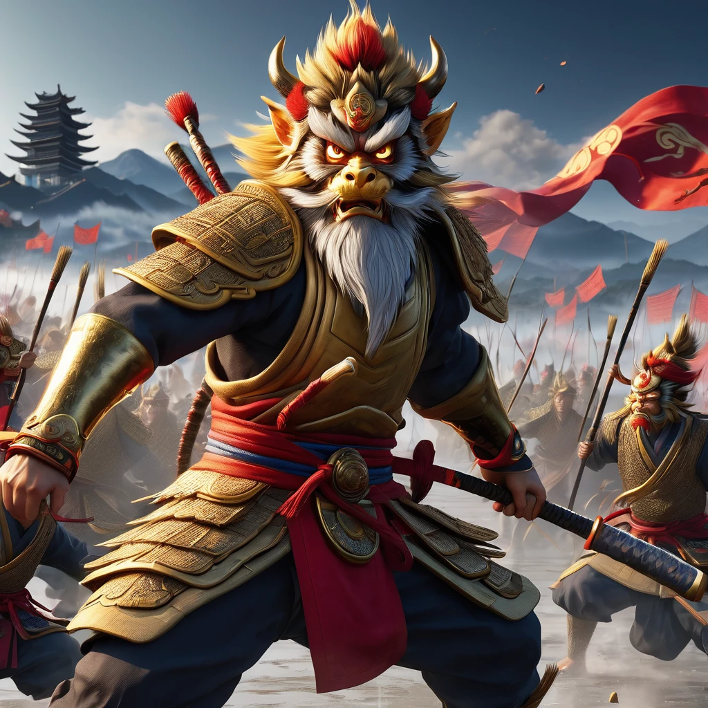 masterpiece、high resolution、high resolution、Detailed Description、beautiful、art、Wukong、孫Wukong、cool、Ruyi stick、Sengoku Warlord Fashion、battlefield scene、Serious expression、 Inspired by Wukong、4K Graphics、