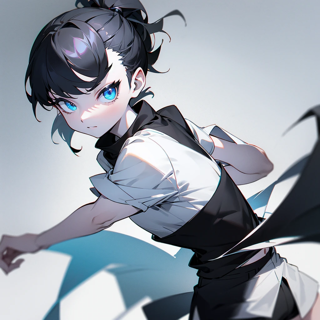 Draw a roblox character with white skin, black ponytail, white shirt, black shorts