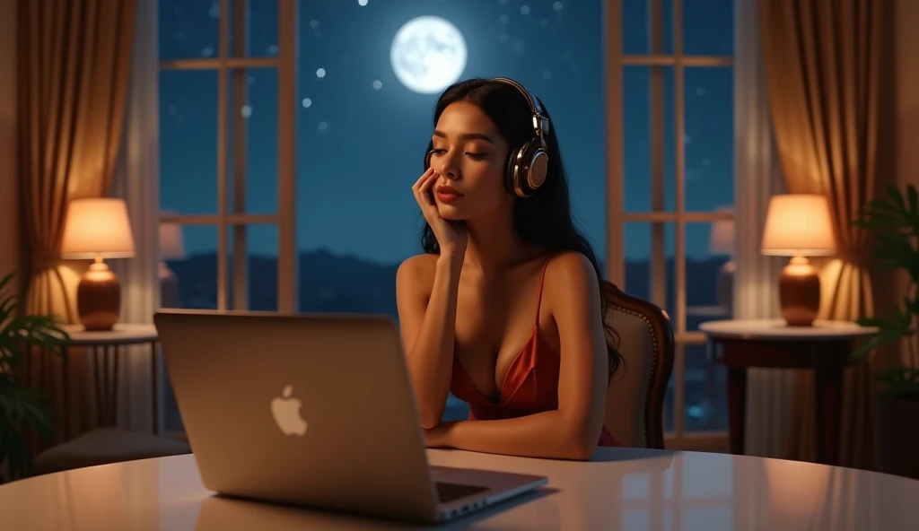 (photorealism:1.2), Create an image of an alone confident 2 Filipina woman with an hourglass body shape, slightly curvy, standing at 5'4". She has fair skin, long and thick hair, and a small heart-shaped face with subtle cheekbones and a rounded chin. Her nose is delicate, pointy, and . She is sitting on a chair at a table inside a beautifully decorated, well-lit room. The room is warmly illuminated by soft ambient lights, complementing the gentle moonlight streaming through large windows. She is wearing an elegant evening gown that drapes gracefully around her. In front of her is a MacBook Pro, and she is wearing large, stylish over-ear headphones, lost in the music playing. The camera is positioned directly in front of her, capturing her thoughtful expression as her hands rest on the table or gently touch her chin. Outside, the night sky is dotted with stars, adding a serene and tranquil ambiance to the evening.