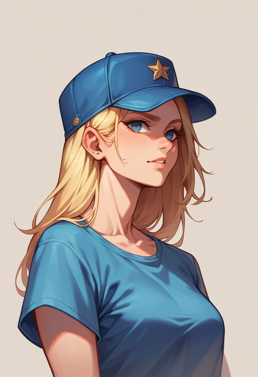 Portrait of a blonde girl wearing a blue hat and blue shirt
