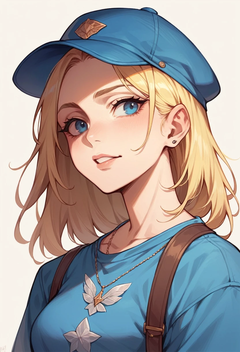 Portrait of a blonde girl wearing a blue hat and blue shirt