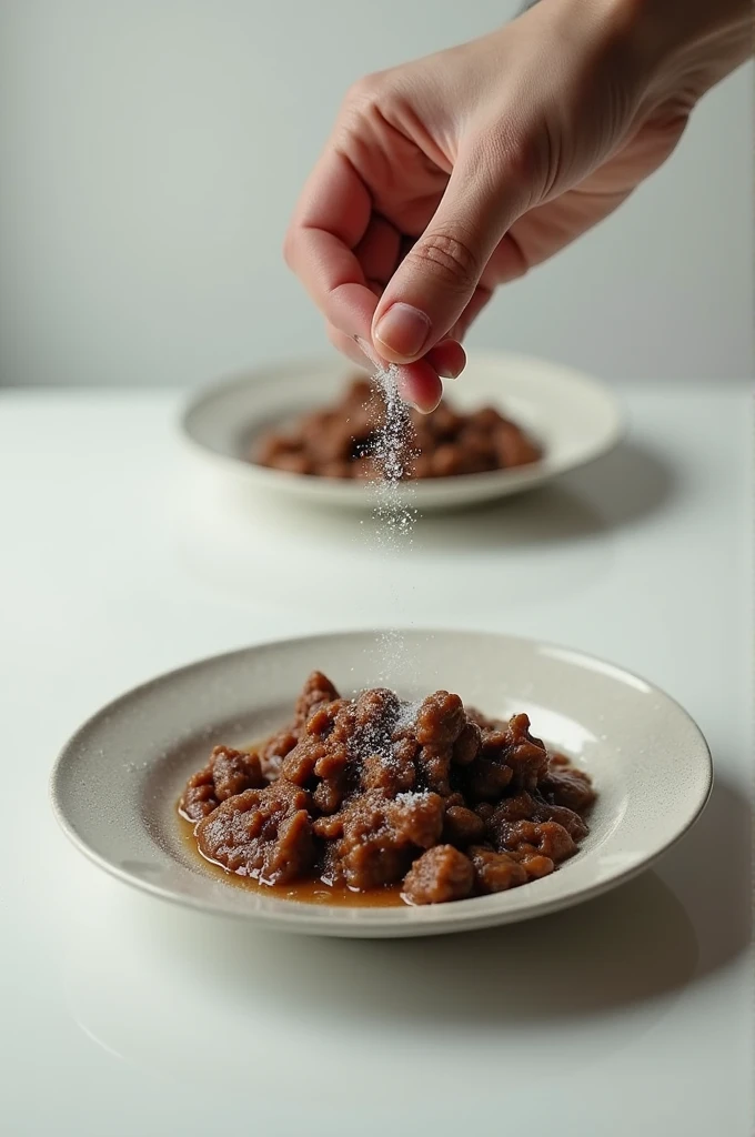 Make two plates of shit being served, salt is being sprinkled on one of them