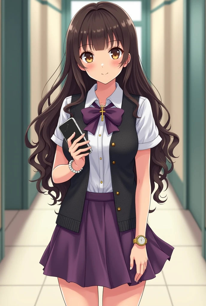 A manga high school girl wearing a short-sleeved woolen vest over a white shirt, accessorized with a small purple bow, as well as a purple skirt. She has dark brown hair., very long, curly and thick, she has a part in the middle of her head and no bangs. His eyes are brown-green. She wears a Christian cross around her neck, a very fine gold watch, a pearl bracelet, has a slightly large chest, slightly imposing hips, she stands straight with her phone in her hand