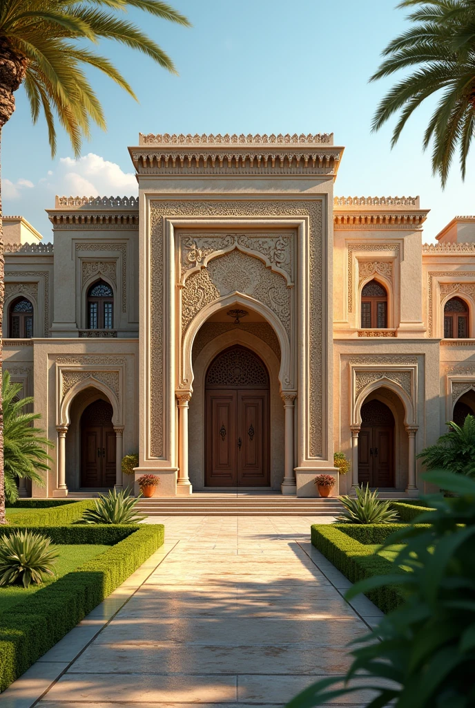 3d realistic, A large house in an ancient Arabic style that has seven doors in front of it