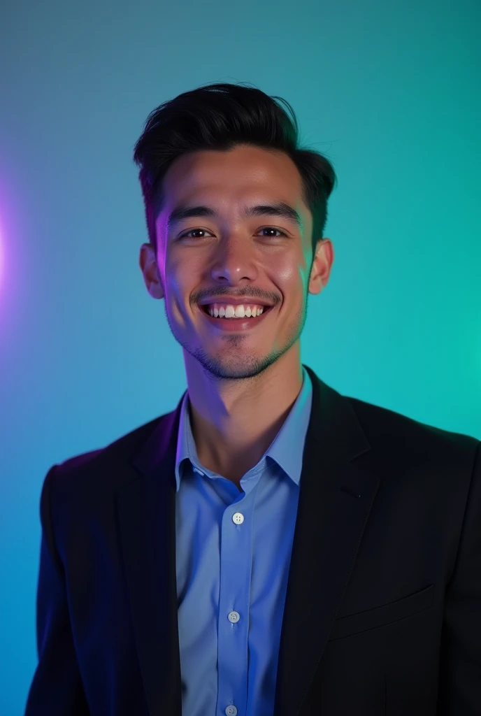 A young man with dark hair and a some smile. He is dressed in a black blazer over a blu shirt.The man is positioned Against Aqua colour backdrop with a subtle purple lighting on the left side. And he posting for LinkedIn profile