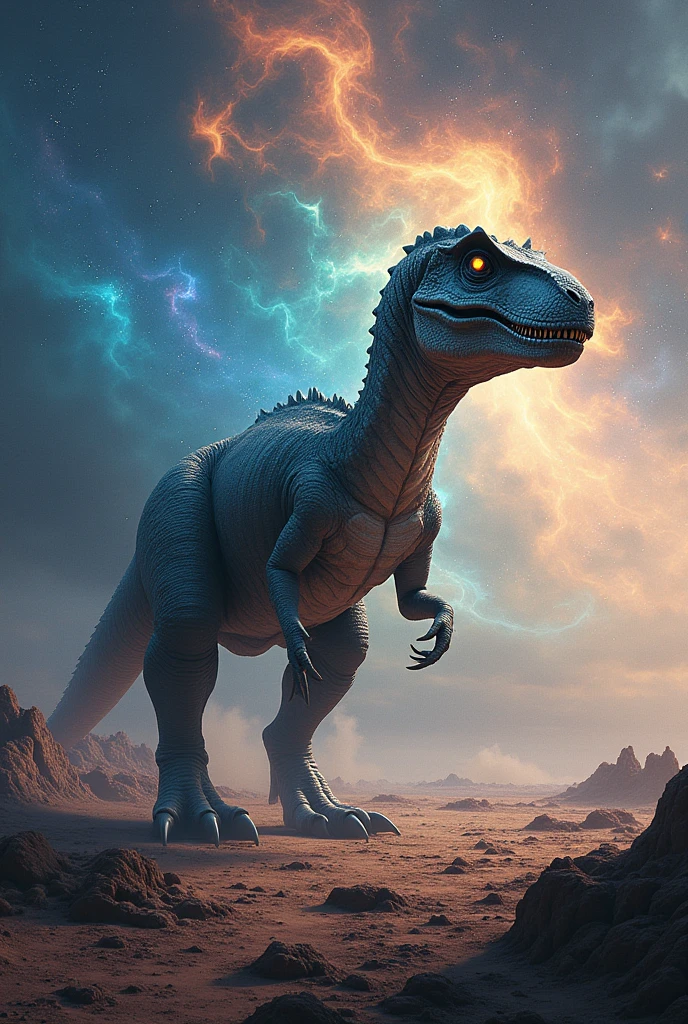 Dinosaur standing on the ground with where from the universe