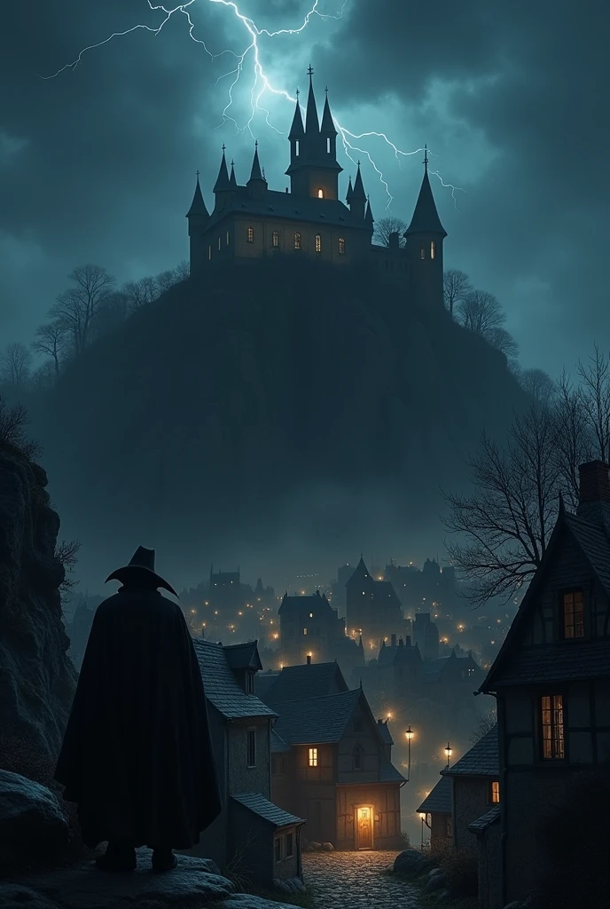 a small gothic town with lights only inside the buildings, behind and on top of a high hill is a dark and spooky castle and in front of the castle but behind the town is a vampire count on top of a cliff under a dark sky with one lightningbolt glooming in the night
