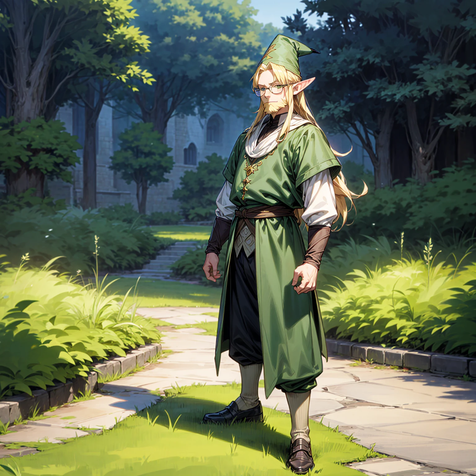 Solo character, full body version, middle aged man, (elf), green eyes, blonde color hair, long hair, formal clothing, long pants, shoes, outdoor, town, medieval, standing gesture, detailed background, detailed clothing, detailed hair, (Hunter x Hunter style art), happy, glasses, witch hat, big muscle, beard