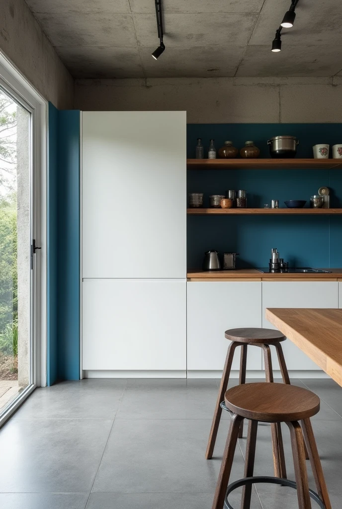
Kitchen with burnt cement ceiling, wooden counter, white closet, Satin gray porcelain flooring, a wall with blue coating 
