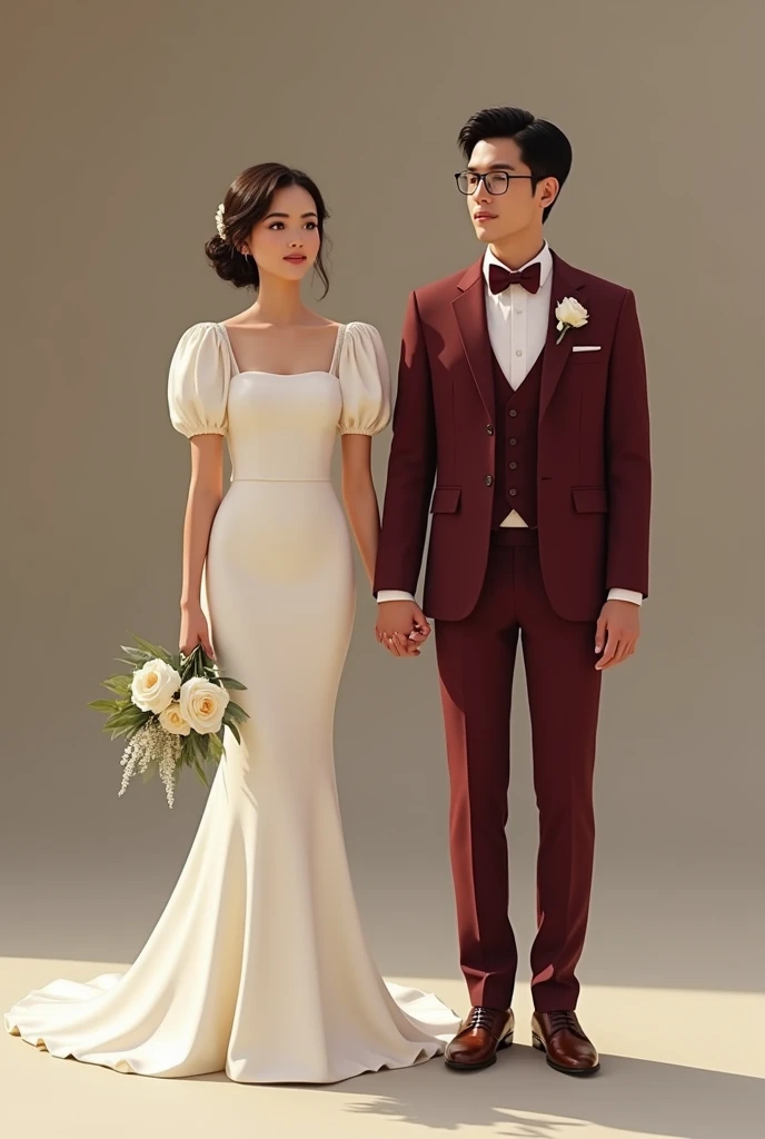 Create a bride's wedding dress. A plain, simple but elegant off-white puff sleeve, square neck mermaid micado dress for a female, 5'1ft, 46kg in weight and  27 waistline. Whole body, front. With the face of Joan Morante Cueto from De Joya Compound, Alangilan, Batangas City, Philippines in Facebook. 24years old Filipina.

Together with groom wearing a Burgundy Armani Suit with Burgundy vest, white long sleeve and burgundy bowtie with burgundy pants and brown shoes. The groom's height is 5'1ft and 80kgs, Large size. 30years old Filipino with eyeglasses. With the face of John Ariel Papa from Alangilan, Batangas City, Philippines.