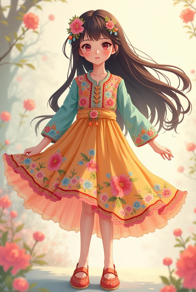Anime girl with floral kurta and shoe 