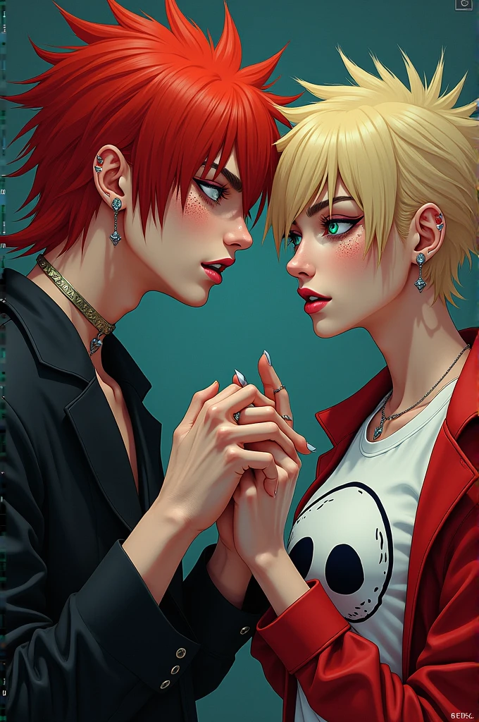 red hair, mullet and hair in the front, with two little lines on the side. piercing no septo, on the eyebrow without risk, and in both corners of the mouth. marked clavicle, marked jaw, bourgeois nose, freckles and dark circles and light green eyes, touching the hands of a white-skinned woman with spiky, but not so blonde hair, his hair is medium, He has blue eyes and has a red jacket and white shirt with a cartoon skull on the upper right side of the shirt.