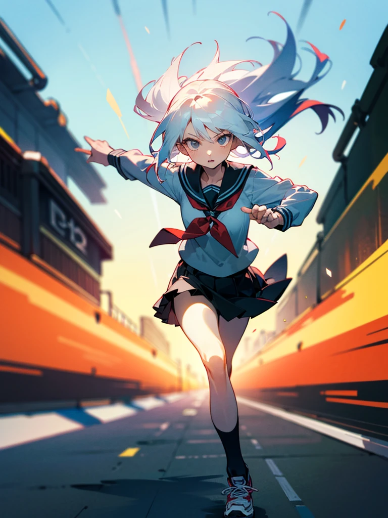 (Masterpiece), (best quality), white haired girl , colored school uniform, black skirt, Tokyo, ((hurry up run)) , ((A hurried expression)), ((proportional body)), ultrahd, 4K