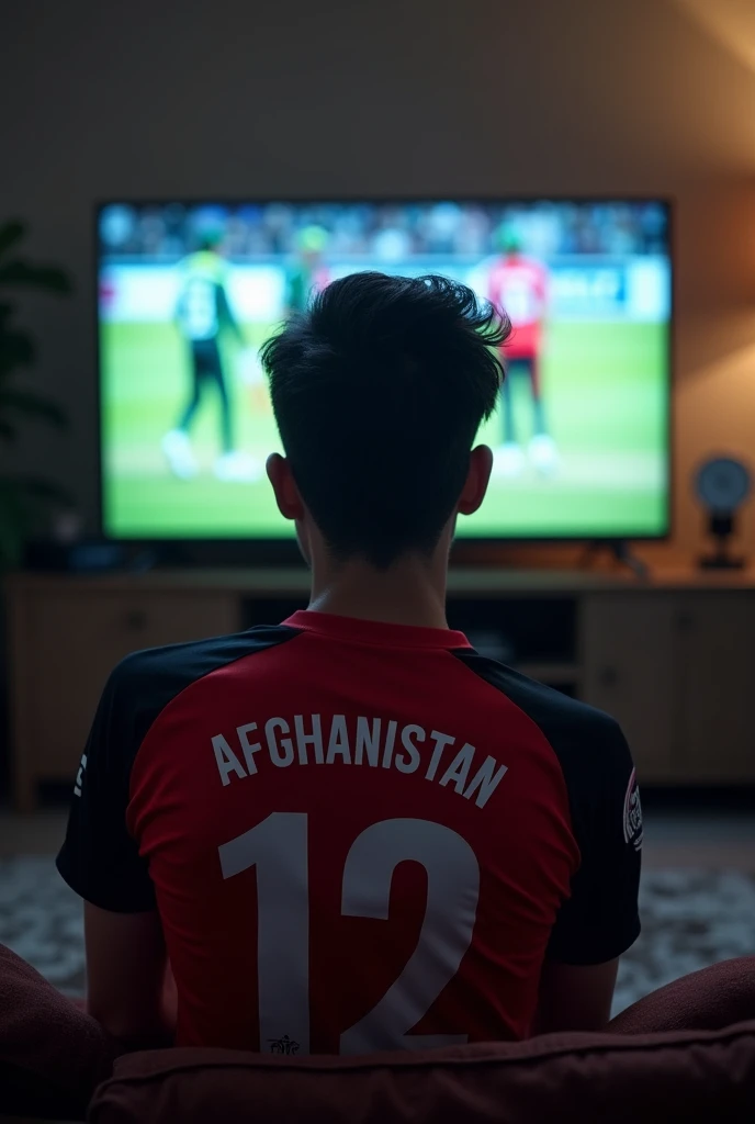 Create an image of boy in age 28 watching Afghanistan vs Pakistan cricket match on TV boy with Afghanistan jercy with Number 12 and Name سیدا جان in this time he face was behind side