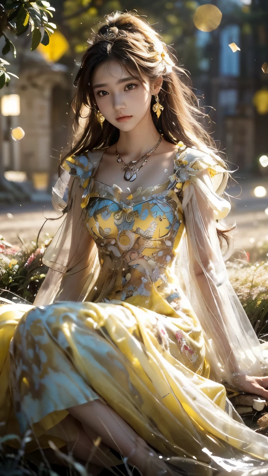 8k, Ultra HD, masterpiece, 1 girl, (nice face:1.4), detailed eyes, very long hair, impressive hairstyle, earring, necklace, , (yellow dress:1.5), see through, (fantasy dress:1.5) A foundation with bright colors that makes your skin appear transparent., (In Wonderland:1.5), Mystery, Diwali lights, shining lights, Very decorative, The light falls like water, Perfect front body, seat,