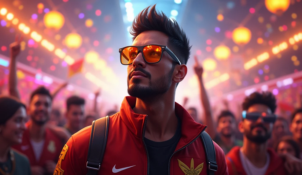 Scene 34:
Alok Free Fire and his team are hailed as heroes. His sunglasses reflect the bright lights of celebration, but his focus remains on the next challenge