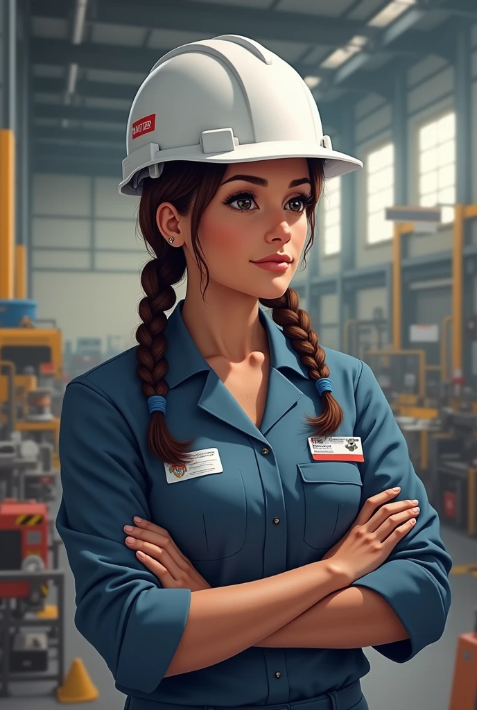 Woman dressed as a health and safety professional at work, king,Brown eyes, braided hair, white helmet Performing a safety inspection 