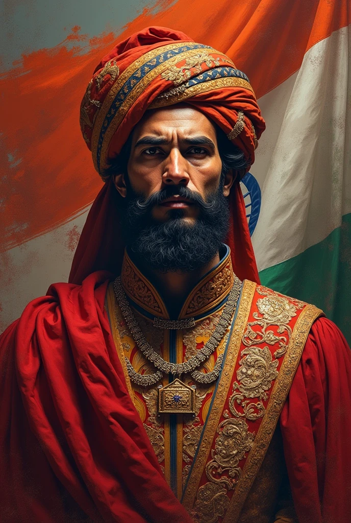 Aurangzeb with Mughal flag in angry mood 