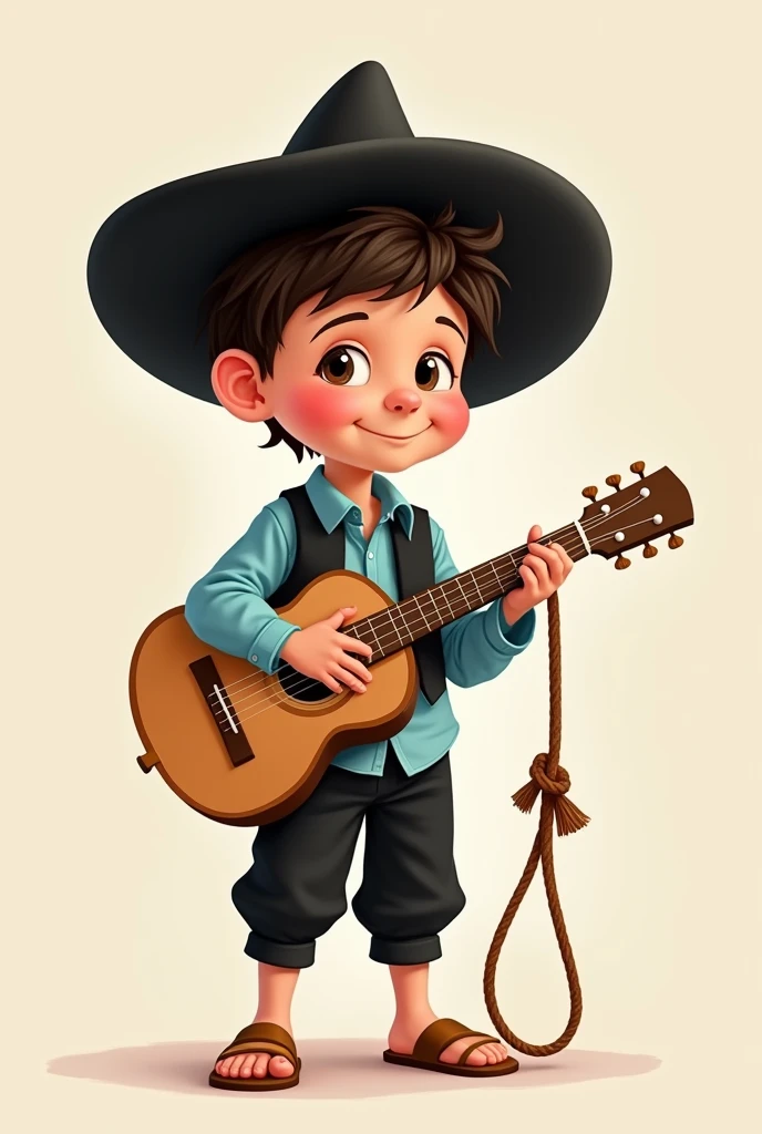 A cartoon of a child, Dressed in black cloth pants and a light blue long-sleeved shirt tucked into the pants with buttons, black vest without buttons, sandals and a black Vallegrandino hat and a guitar standing and holding with his left hand and in his right hand holding a leather rope