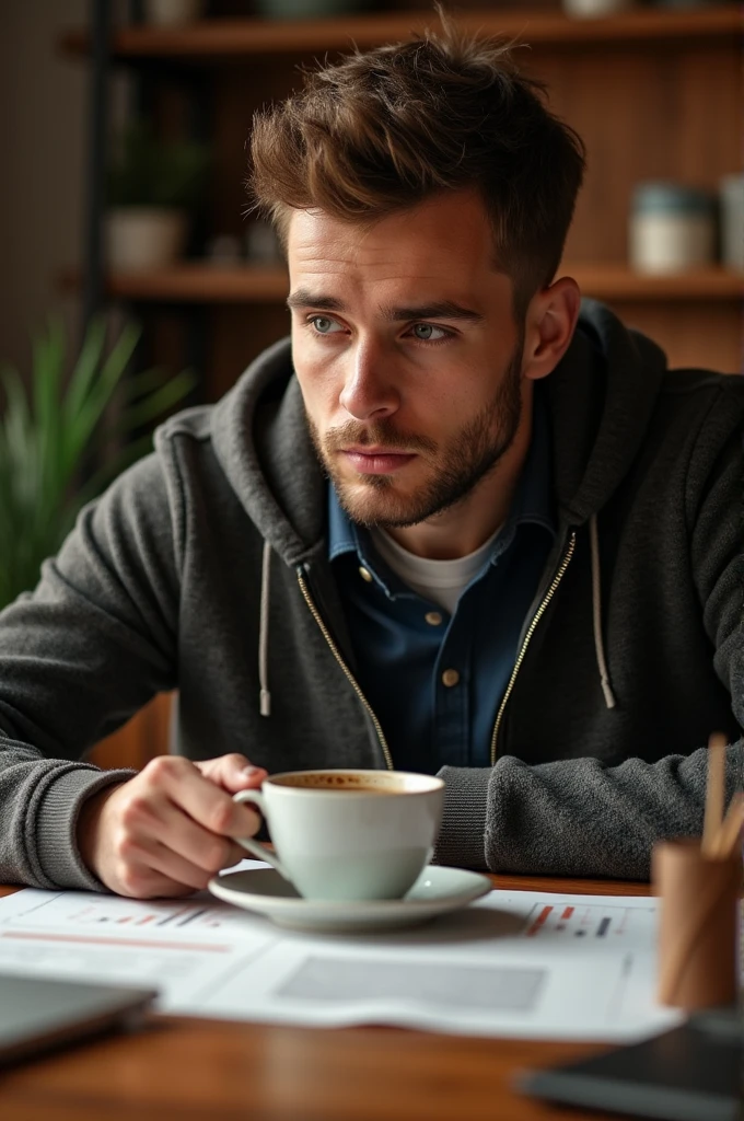 Create a real quality man with dogecoin doge looking at crypto market charts and tea is on the table infron of a computer table;