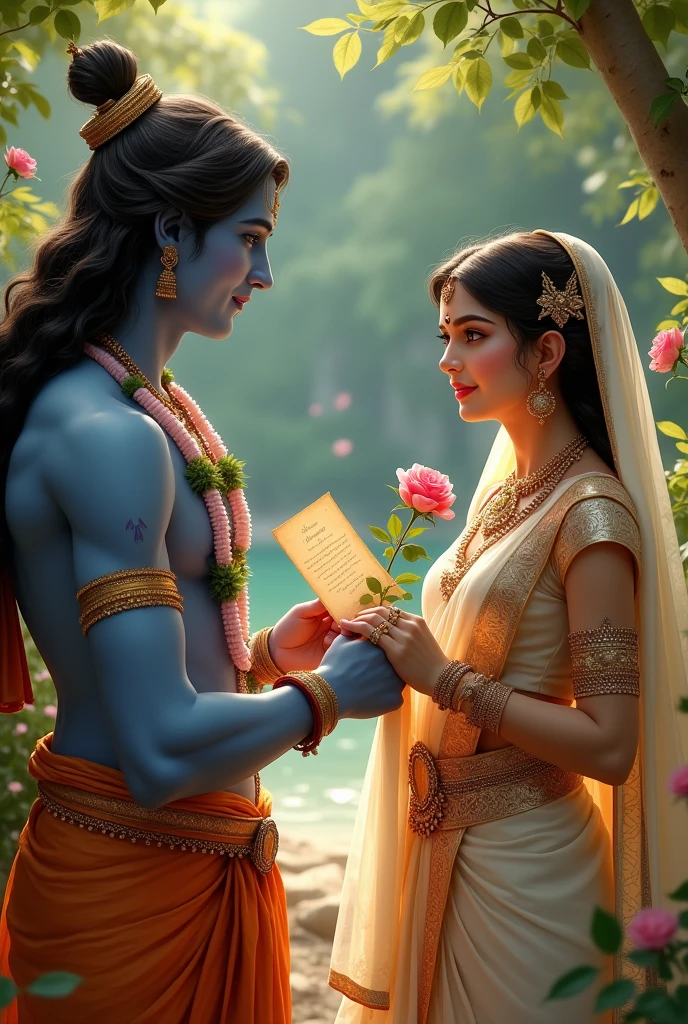 A beautiful princess she has a rose one hand and other hand have a letter in front of Lord Krishna