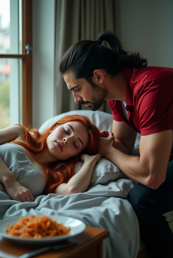 Photo réelle 
Cette scène se passe dans une chambre. Avec une grande fenetre  sur la table de nuit  il y avait une assiettes de spaghetti avec des somnifères dedans .

Une jeune femme de 22 ans  est allongée dans un lit elle commence a s endormir car elle a pris involontairement des somnifères qui etait mélangéa son repas du soir . Ses cheveux sont rouge long et ondulés. 

Un homme : il a 21  ans ses cheveux sont noir longs et en queu de cheval il est habillé d une chemise rouge en soie et d un pantaon noir il est musclé.  Il  est penché au dessus d'elle en lui mettant une mèche de cheveux derriere l'oreille . Sur son visage et  on voit son côte protecteurs 