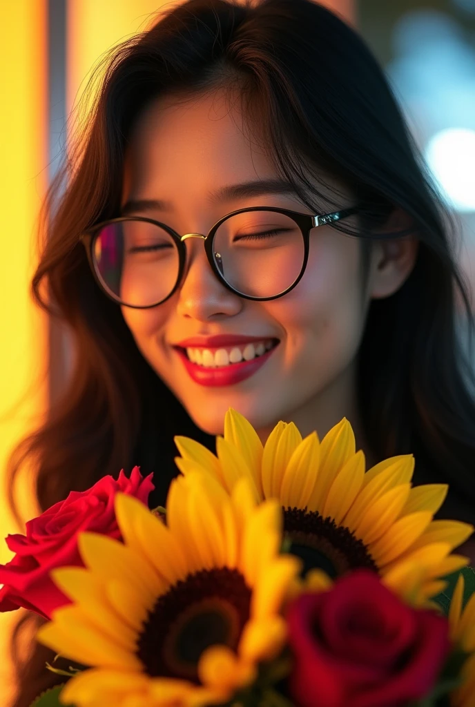 Beautiful with glasses, long black hair, bouquet of sunflower and red roses, bright colors, smiling, 8k quality, cinematic focus, closed eyes,naked