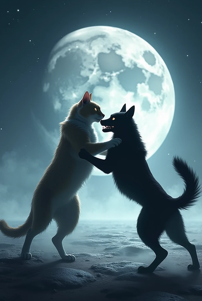 Cat on moon in fight with dog