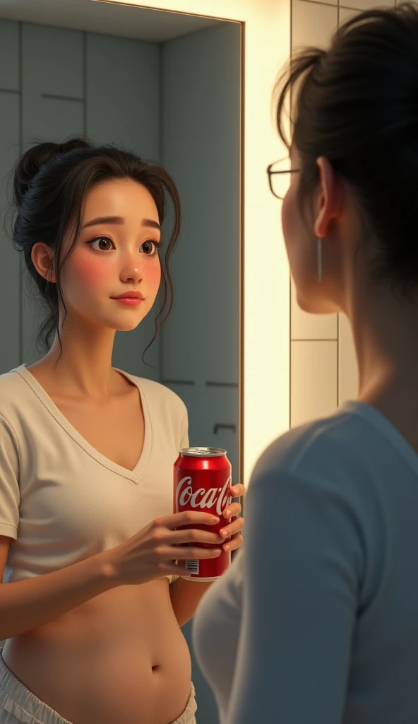 A person looking in the mirror, noticing weight gain around their stomach, while holding a Coca-Cola can.