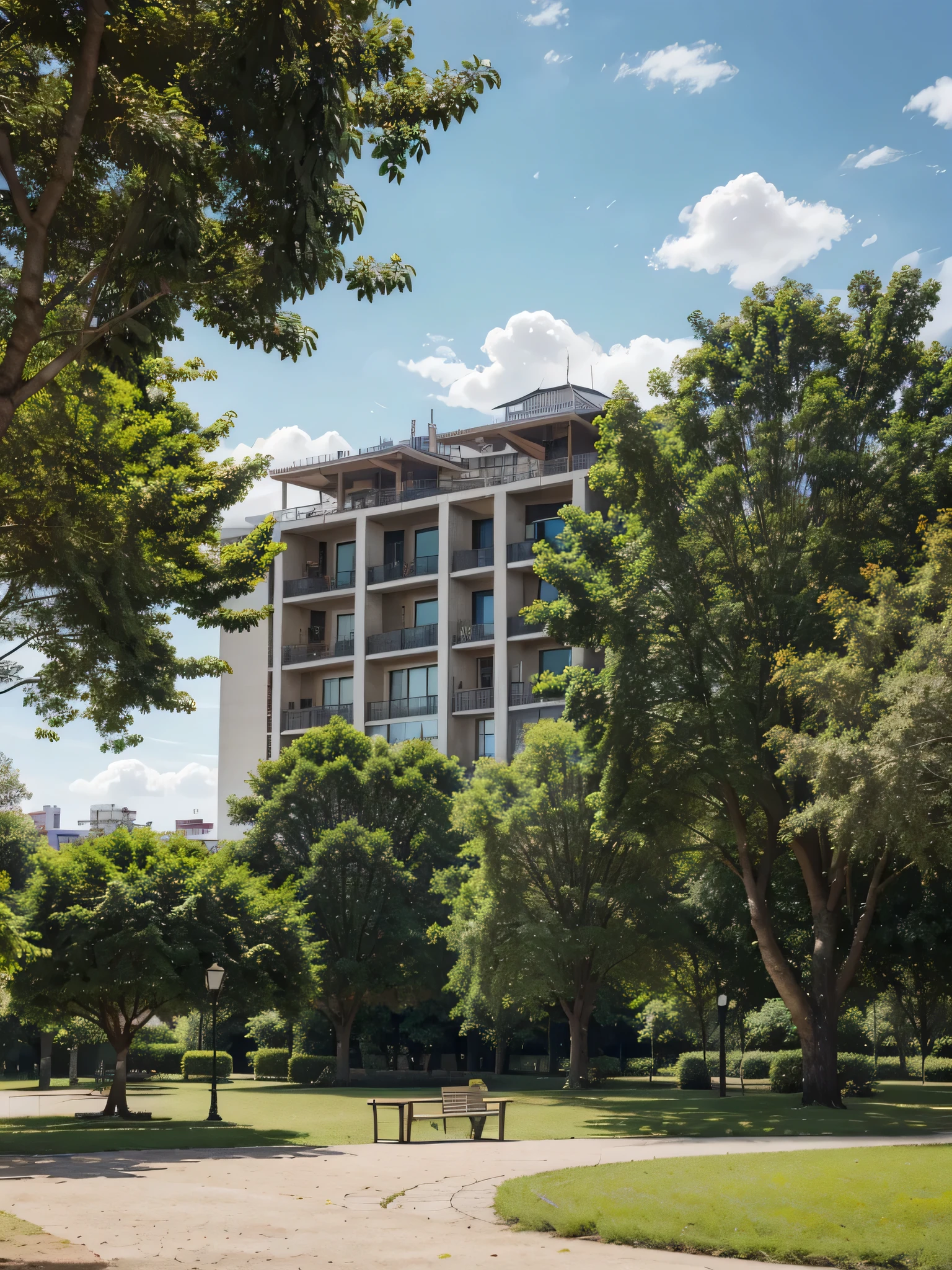 Perfect summer day in parks , without people, gardens, benches in the background , SOME TREES and small lake in the background , sunny atmosphere, in the background with some buildings in the background , that the trees do not cover the buildings , without people, promotional shot, peru , realistic image