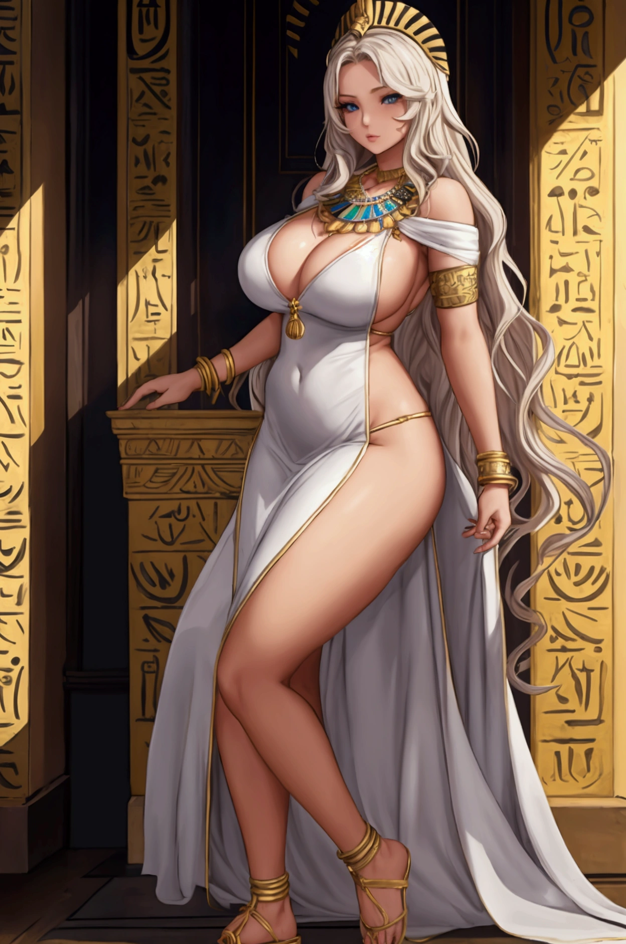 ngực to tròn eo nhỏ big butt bự tóc: Platinum, long and maybe a little wavy. Eye: by that, cold and sharp look. body : Big round breasts , is tuna , big butt , Leggy . Egyptian clothing . body : standing straight , wear a pair of long black socks , Accessory ; wear a necklace ,bracelet, gold anklet 