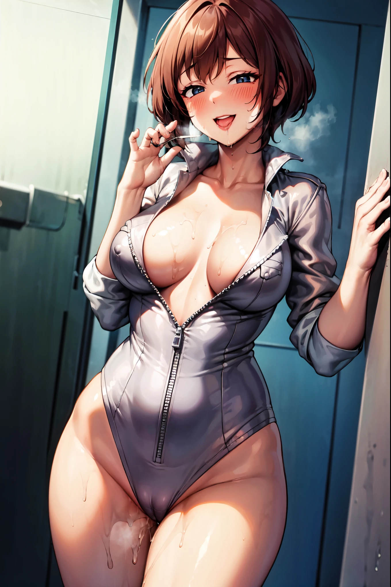((super high quality,Ultra-high resolution,16K,super masterpiece,Ultra HD ,Detailed shading,))Dimly lit room,((One woman,Sexy older sister)),Cleavage,White jumpsuit,Zipper up to the crotch,popped Tight collar,smile,blush,Sweaty,Looking straight ahead,A small amount of drooling,Love juice from the crotch,slouch,