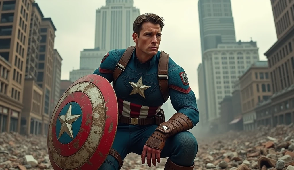 1850's Marvel Avengers character, captain america , vintage captain america, realistic, realistic character, vintage, vintage character, vintage background, male, destroyed city in background, highly detailed, extremely detailed, 8k, masterpiece, ultra-detailed, photorealistic, hdr, studio lighting, physically-based rendering, extreme detail description, vivid colors, dramatic lighting, cinematic, epic, captain america from 90s, superhero landing on knees