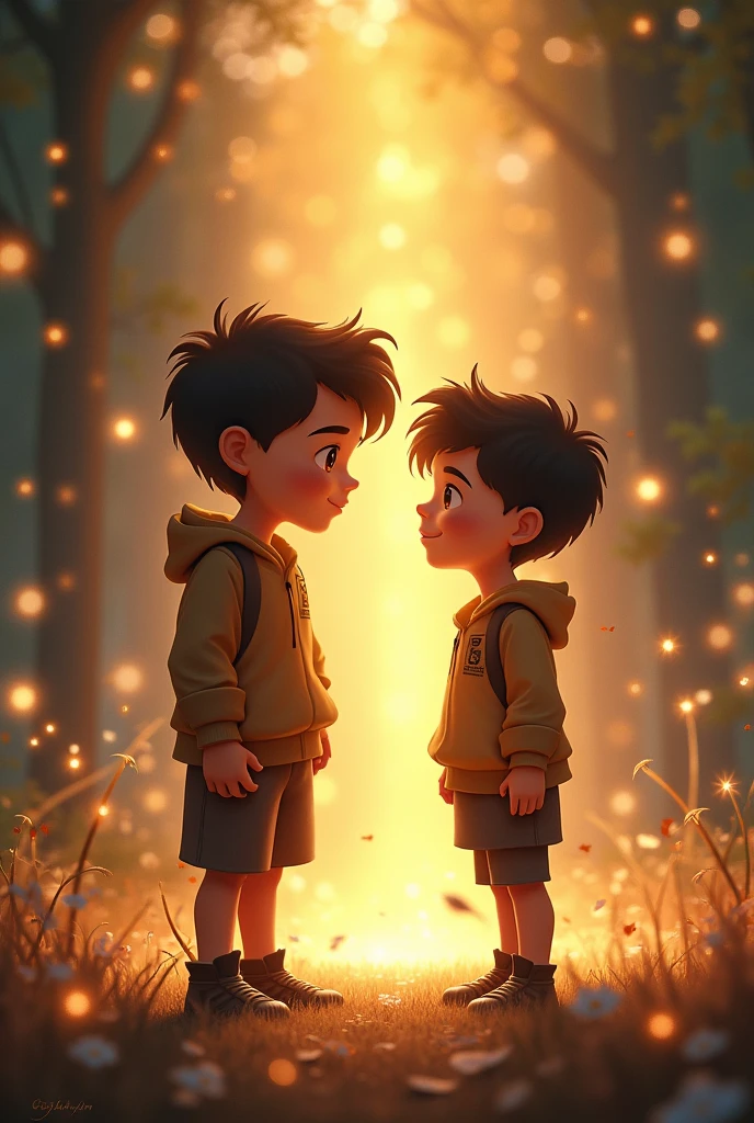 The scene highlights the boys' bravery and kindness with a magical glow in the background."