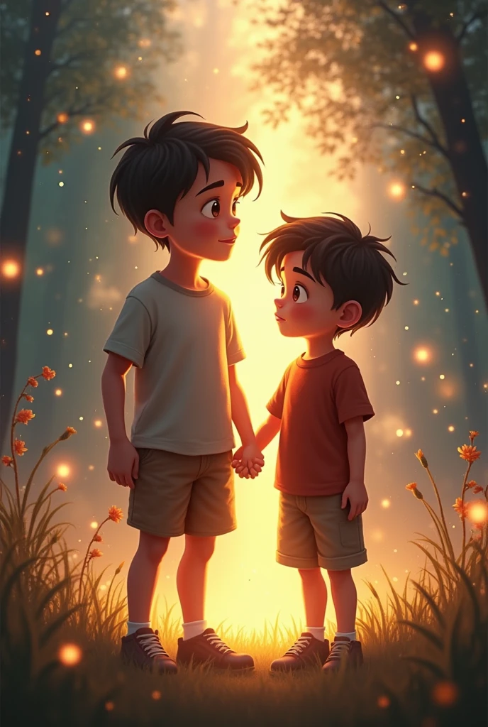The scene highlights the boys' bravery and kindness with a magical glow in the background."