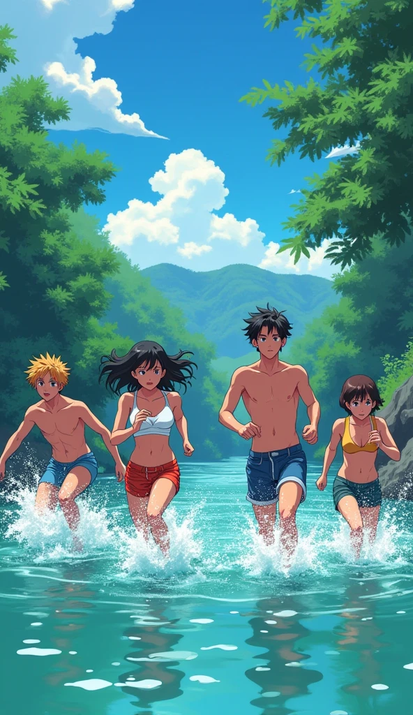anime episode still shot of four teenage 2 boys and 2 girls playing in the river by running, they are having fun, wearing summer outfit, in the style of shonen anime, rough-edged 2d animation, vibrant color, lit ??? --niji 5 --ar 3:2...Hawaii, gta vice style , illustration , reteo comic illustration moody, melancholic, vibrant color, detailed, akira --ar 16-9 --niji 6