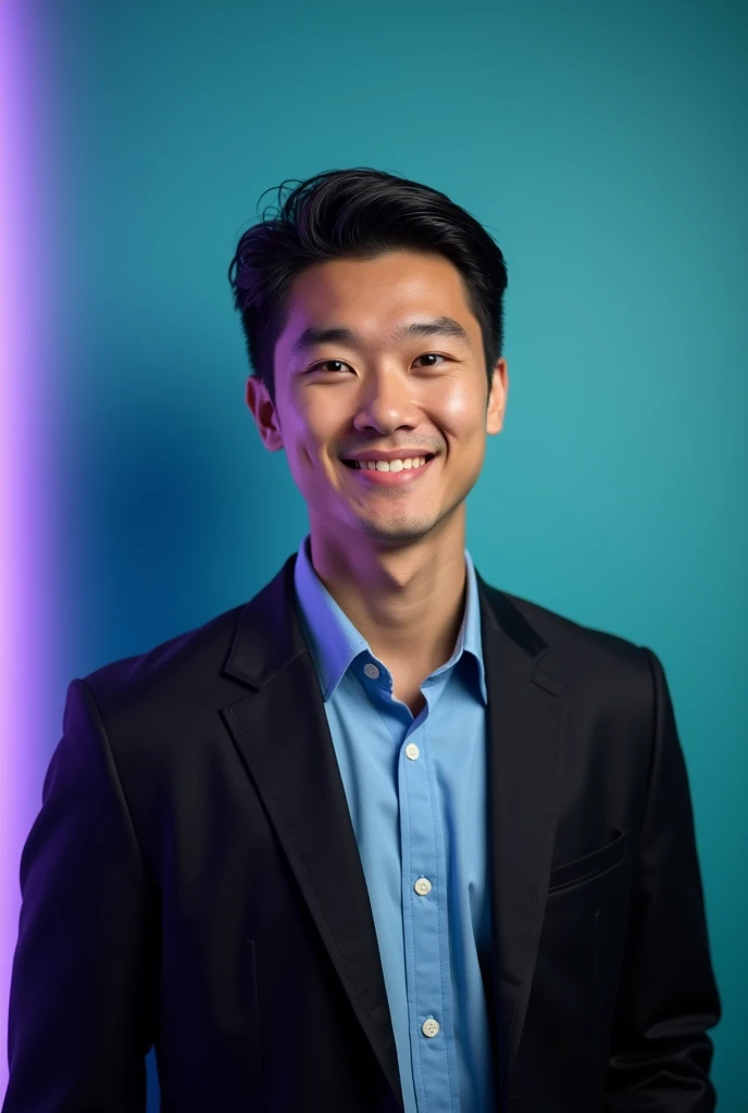 A young man with dark hair and a litel smile. He is dressed in a black blazer over a blu shirt.The man is positioned Against Aqua colour backdrop with a subtle purple lighting on the left side. And he posting for LinkedIn profile