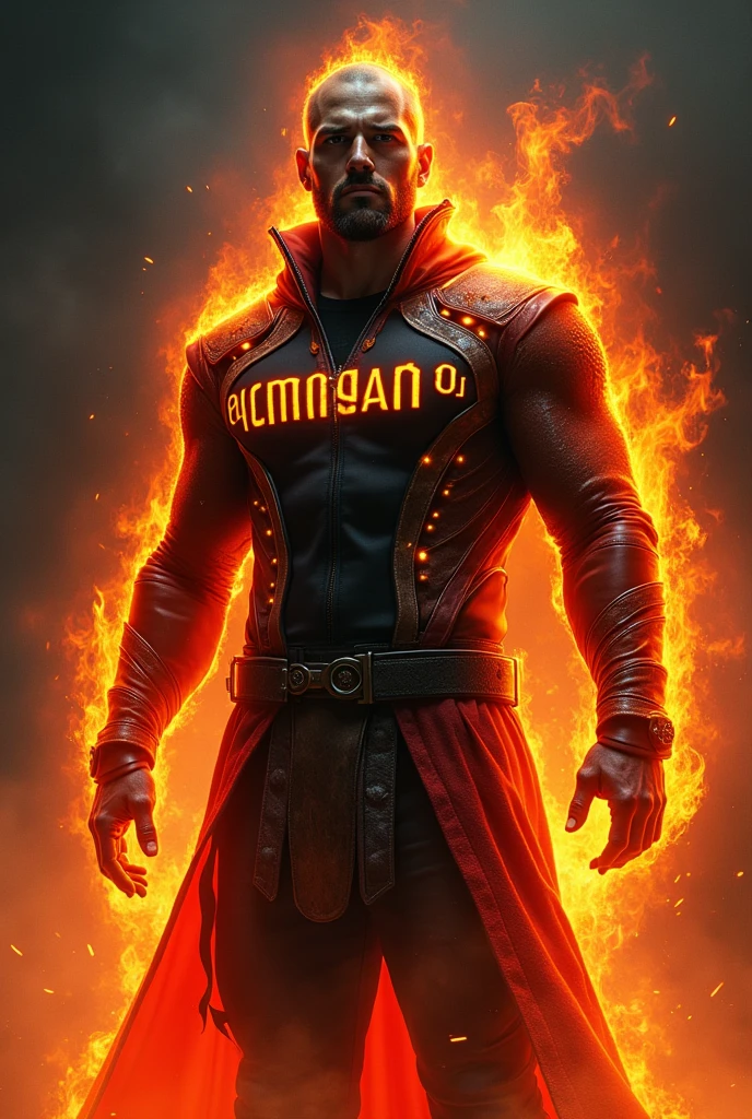 Gender: Man have power
Power: fire
Outfit: black, orange and red cybordpuck with very clear and not hidden print "PAMAGAN JM".
realistic