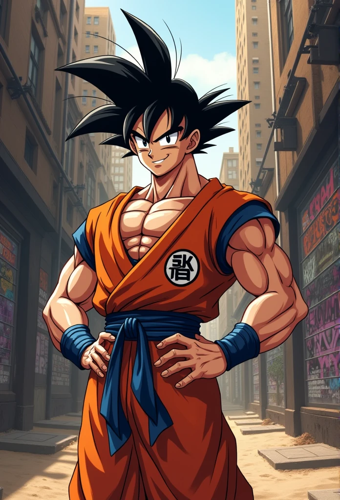 (Realistic,Realistic:1.37),Ultra-detailed,Detailed illustration of Goku(be familiar with,Emotional,Expressive,Features),Jedi Robe, Hooded Robe, Red Robe, Front opening robe, フードをsuffer, suffer, Hands on hips, smile, smiling, Vibrant colors combined with vibrant street art tones(graffiti,Pop Art,Urban Art), The lighting in the scene should be dramatic and focused, the contrast between light and shadow is strong (Dramatic lighting,high contrast lighting). Overall image quality must be of the highest standard (Highest quality,4K,8k,expensive,Master Parts:1.2), Capture every intricate detail of Faustin&#39;s face, Hairstyle, clothing, Muscularな体格(Goku's additional tags: Spiky Hair, Muscular, ). The atmosphere of the alley should reflect a gritty, sandy environment, The city skyline is visible in the background.