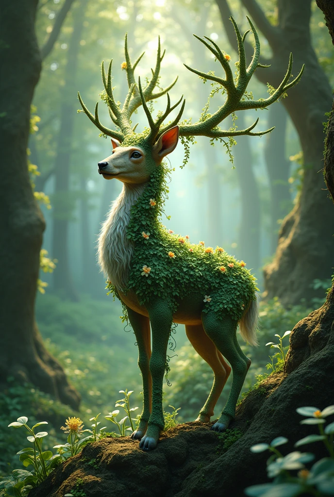 The sylph river (Spirit of the Ancient Forest) An ethereal being that looks like a combination of a deer and a tree spirit.. Their antlers are made of branches that change with the seasons., and its body is covered with leaves and flowers.