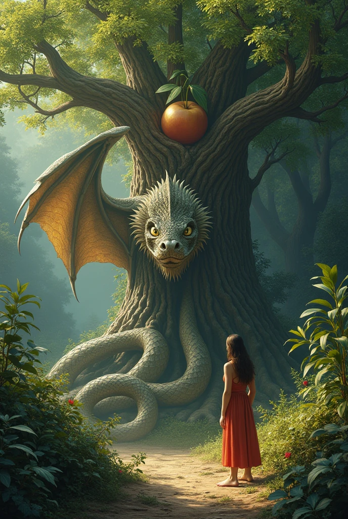 Eve and the serpent with four feet two wings its scales are silver and gold on the tree with a fruit