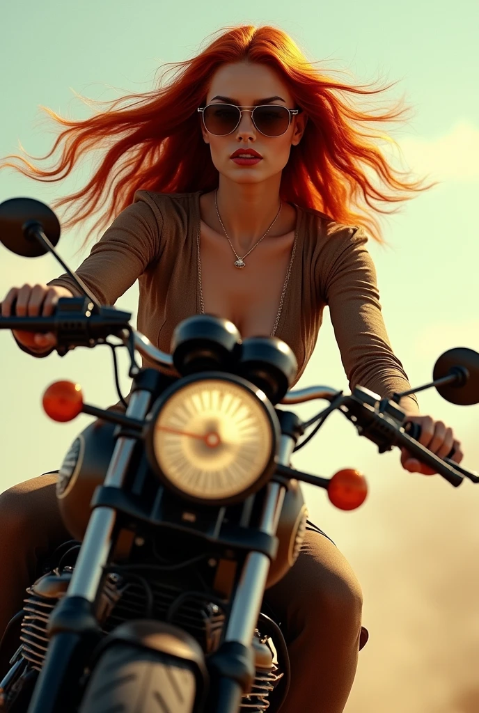 beautiful redhead woman with sunglasses, red lipgloss stick, riding a vintage motorcycle, visual retro, motorcycle with satin black color and satin bronze details, cinematic look , gorgeous woman, 1970s style clothing, hair loose in the wind, speed